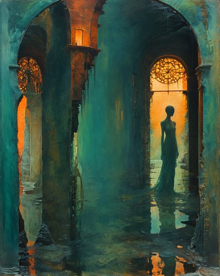 Optical illusion, water, reflections, transparency, slimy, vivid color, The Tower of Shadows, Edgar Maxence,  neon, <lora:add-detail-xl:1>, <lora:xl_more_art-full_v1:0.8>