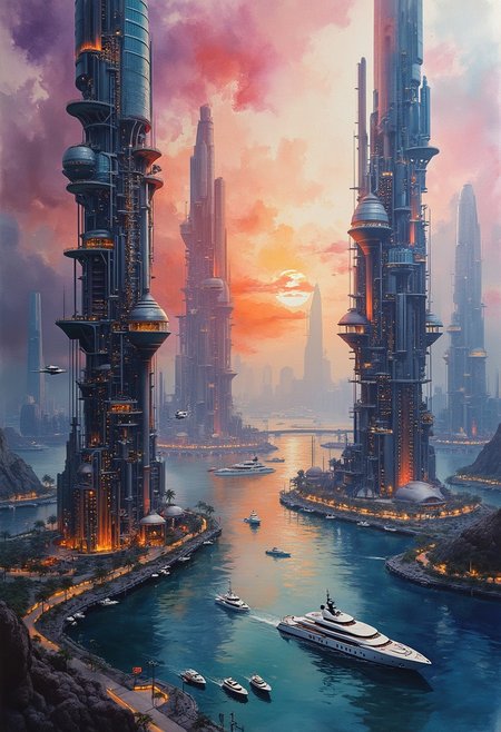 A futuristic coastal megacity blooms across a vast rice paper canvas, etched with volatile ink strokes and diffused watercolor halos. Towering arcologies—semi-organic, pulse-lit spires—jut skyward in fractured symmetry, their glass exoskeletons veined with bioluminescent circuitry. Aerial hover-ferries and manta-like cargo crafts drift over a harbor of levitating superyachts, their hulls reflecting shades of oxidized copper and deep obsidian. The sky gradients from starlight violet to soft chrome, bleeding into the textured fibers like breath on silk. Imagine a fusion of Hokusai’s tempestuous brushwork with Syd Mead’s techno-barocco structures—chaos and grace unified. Energy lines ripple beneath the city like fault lines of light, illuminating rooftops with internal warmth. Painterly gestures suggest motion and entropy, while soft lighting reveals a metropolis alive with coded rhythm.