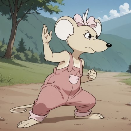 masterpiece, best quality, amazing quality, Marciabbil, semi-anthro, female, Marsupial Mouse, tan fur, black eyes, pink overalls, pink bow, hair bow, outside, fighting stance,, solo