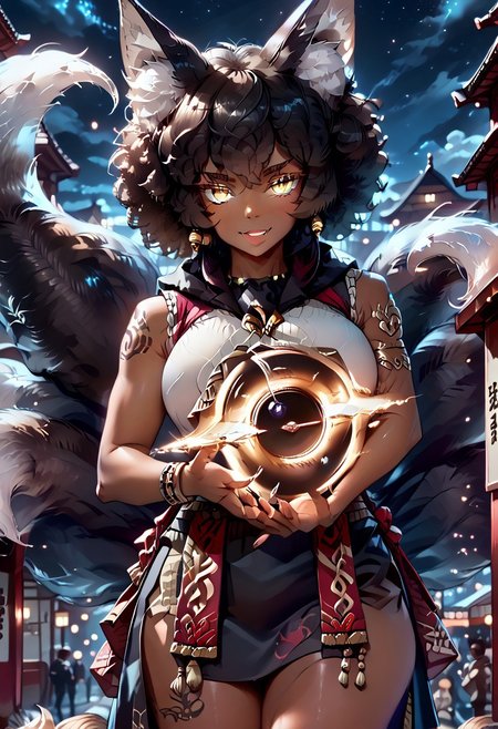 (score_9), score_8_up, score_7_up, 
anime
1girl, full body,
(dark brown skin, beautiful, black hair, curly hair (large round afro: 1.4), (((Kitsune)), Fox ears, ((fox tail)), large tail, (nine tails), (multiple tails), saddle brown tails:1.2, black fur tips: 1.6), (yellow eyes, slit pupils: 1.4), (glowing eyes: 0.8), eyesHD, high gradient eyes, high definition eyes, detailed eyes, teeth with fangs, black claws, 
tattoo, hood, jewelry, bracelet, sleeveless, hoodie, 
gigantic breasts, round breasts, huge ass, sexy, thick thighs), top heavy, black lipstick, silver jewelry, evil grin, sexy, (black hole in hand), holding black hole, handfixer, 
blue flames
Alleyway, night, event horizon, gravitational lensing