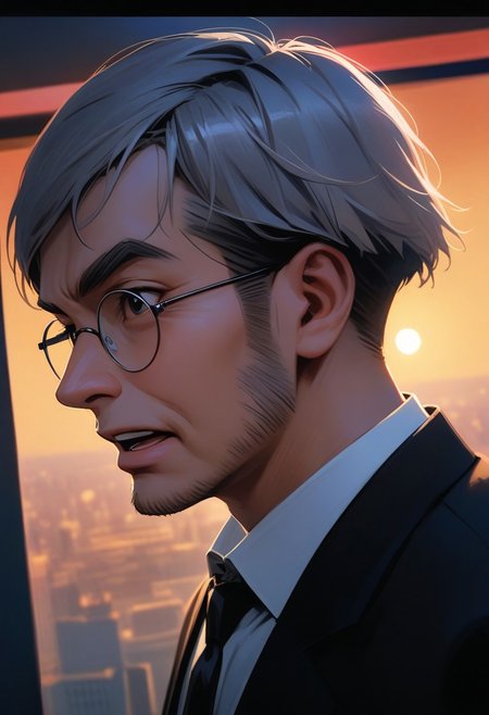 man with bristle, (graphic novel style, dark novel style:1.5),(anime), (masterpiece:1.4), (soft cinematic light:1.1), incredibly lifelike, Extremely high-resolution details, 8k, best quality,extremely detailed, contrast,
high tech design,
 gallery of contemporary art, inside, portrait old woman against the backdrop of a giant floor-to-ceiling window, through which one can see a city landscape with skyscrapers and a sunset , open mouth, 
man in a classic black suit 
white shirt and black tie,(((gray short bob hair))), round glasses, round black eyes, thin lips, sharp chin, diamond long face, gray sideburns, small ears, thick gray eyebrows, sunken cheeks, (bristle)),