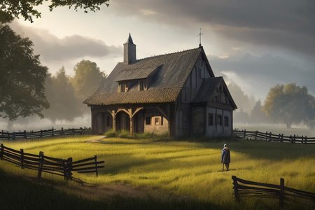 RAW photo, (masterpiece:1.3), subsurface scattering, heavy shadow, (high quality:1.4), (intricate, high detail:1.2), professional photography, HDR, High Dynamic Range, realistic, ultra realistic, photorealistic, high resolution, film photography, ambient lighting, atmospheric effects, <lora:detail_slider_v4:2>, OverallDetail, a medieval male farmer in simple clothes in front of a fantasy farmhouse, fields, fence,  fantfa, <lora:FantasyFarm:0.7>