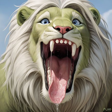 lion, (fluo green fur:2), white mane, realistic, solo, open mouth, tongue, saliva, mouth focus, open blue eyes, detailed teeth, detailed glottis, detailed throat, very close view
