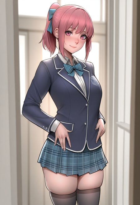 masterpiece, best quality,
 <lora:Scarlett_Ann:1> Sc4rl3tt5nn, 1girl, solo,standing,looking at viewer, happy, closed mouth,pink hair, ponytail, pink eyes,school uniform, bow, long sleeves, skirt, skindentation, thighhighs,