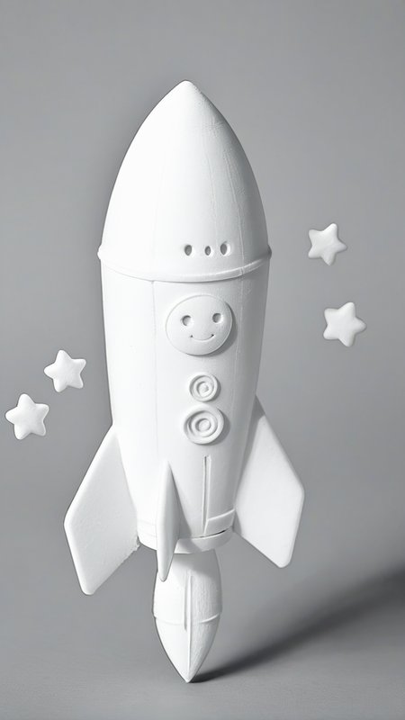 <lora:3DPrintingXL:1>,whitemold,3d printed mold,art style,greyscale,monochrome, Small rocket, cute face on the side, rounded edges, floating in the air, playful and fun design