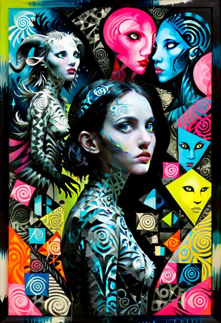 style of barry Mc gee.
Pans Labyrinth style creatures everywhere, with abstract, woman, art style, bioluminescent,girl face, modified with  a mega creatures, gazing away, Apterus, Barry McGee, Frank Auerbach, neon silhouette contrast xarta
x-ray, deconstructed, abstract, surreal, mixed media, collage, outsider-art, avant-garde, punk style
• paintings, polygon, flat , bold color blocks and black lines