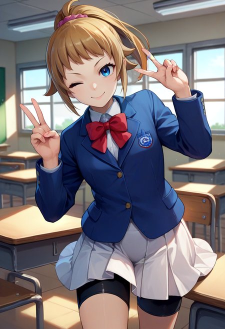 score_9, score_8_up, score_7_up, source_anime, 1girl, gundamhoshino, smile, looking at viewer, v, ponytail, scrunchie, one eye closed, school uniform, blue jacket, red bow, long sleeves, white skirt, bike shorts, black shorts, indoors, classroom <lora:gundam_fuminahoshino_ponyXL:1>