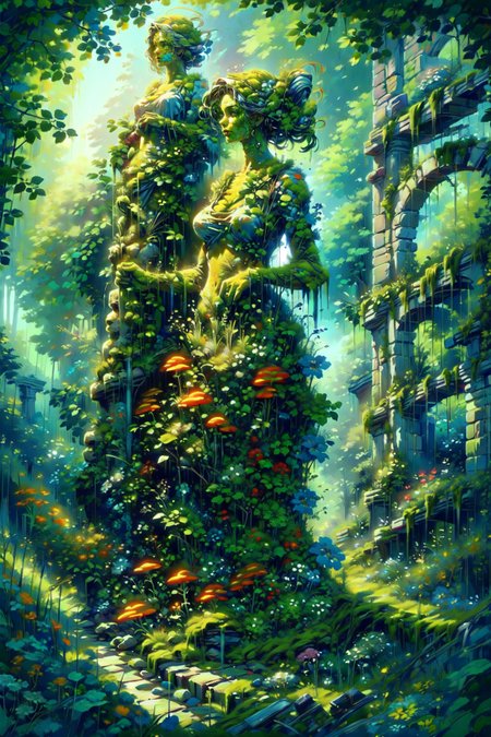 (masterpiece, best quality, detailed, vivid colors, colorful, vibrant), solo, (statue), ruins, outdoors, verdant, wildness, (flowers), lush, overgrowth, bushes, fearn, greenery, mushrooms, blooming,  ovrgrwth, <lora:ral-ovrgrwth-sd15:1.2> <lora:DWM_painting:0.8> <lora:FantasyRuins-10:0.7>