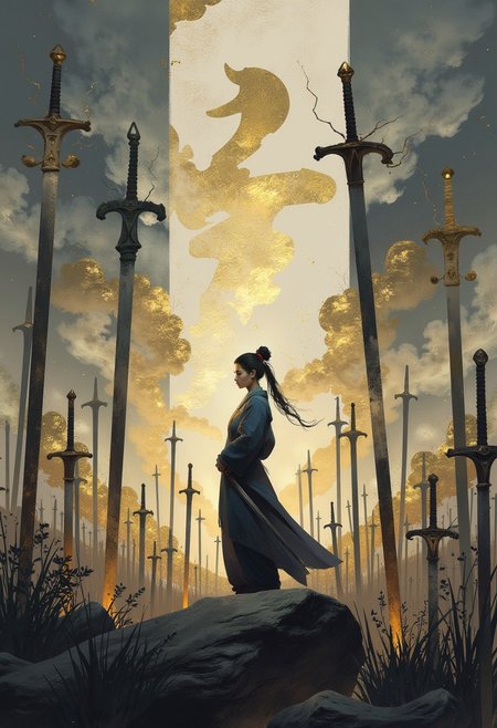 ink digital art, kongji,
A woman standing amidst a vast field of ancient, floating swords, each one glowing faintly with the power of long-forgotten warriors.  simple background