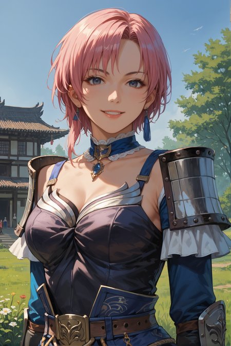 score_9, score_8_up, score_7_up, masterpiece, highly detailed, intricate detailed, anime, 1girl, solo, mature woman,armor, short hair, gloves, pink hair, looking at viewer, outdoors, evil smile, 1hand on arm, <lora:Wang_Yi_Dynasty_Warriors:0.7>