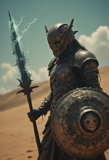 Evil Extreme helmet Closeup of a Action Scene shot of a dark, menacing towering mechanical hkstyle knight in the heat of an intense, action-packed battle, captured with the gritty realism of an old analog camera. The hkstyle knight's intricately designed, battle-worn helmet reflects the eerie glow of his weapon—a massive, twisted sword. The blade crackles with dark energy, gathering ominously at its tip, where a glowing orb of dark blue and translucent turquoise light pulses with immense, destructive power. The energy radiates along the length of the blade, casting a sinister glow that illuminates the knight’s helmet and armor, creating stark contrasts between light and deep shadows.
In his other hand, the knight wields a terrifying shield, adorned with jagged, twisted patterns and a ghastly visage that seems to stare into the souls of his enemies. The shield emanates a sense of foreboding, as if cursed by dark magic, adding to the overall terror of his presence. The glow from the sword throws the intricate details of the shield into sharp relief, casting long shadows that flicker across the Lone Desert scenery battlefield amidst dunes