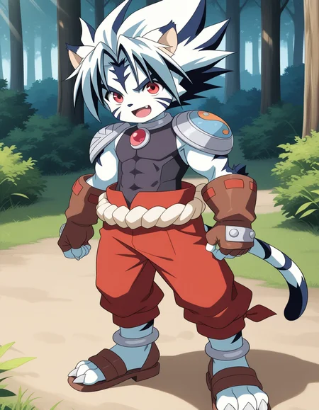 masterpiece, best quality,anime screencap,official style
BREAK
kogenta,solo,1boy,tiger boy,child,smile,male focus,furry male,,open mouth,, red eyes, animal ears, tail,  , multicolored hair, , fang, cat ears, two-tone hair,  facial mark, white hair, claws,tiger ears,fingerless gloves, armor, shoulder armor,red pants, covered abs,anklet, sandals,3 toes,forest
BREAK
<lora:kogenta_ill_hassaku_v1:1>