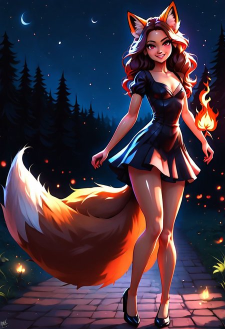 (1girl:2.0), dark brown hair, colorful, very high quality, perfect, (insane details:1.3), (dark brown fox ears and three fox tails:1.5), (3 fox tails:1.5), HDR, UHD, 64K, highly detailed, (magically hovering red flame above hand:1.3), (tip of tails covered in red flames:1.3), (tip of tails engulfed in red flames1.3), (night sky:1.4), (dark forest:1.4), (looks tough:1.3), (wearing red and black dress:1.2), (no flames everywhere:1.4), (human:1.5), (high quality:1.5), (pretty:1.5), revealing dress, score_9, score_8_up, score_8, score_9, 1girl, miniature,  
small chest, petite body, showing lots of skin, very sexy, very cute, long legs, shiny skin, dark brown hair, red eyes,
volumetric lighting, cinematic lighting, ng_deepnegative_v1_75t