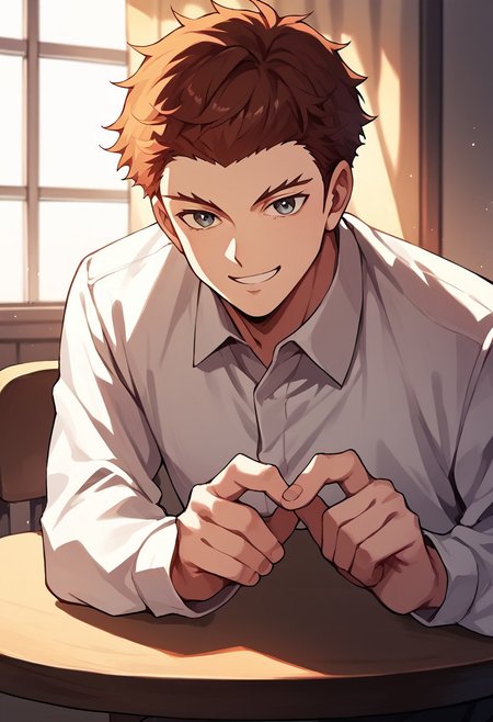 score_9, score_8_up, score_7_up, source_anime, rating_safe, table, Suzumob, 1boy, male focus, smile, hands with five fingers, looks like you can get Mr. young with this