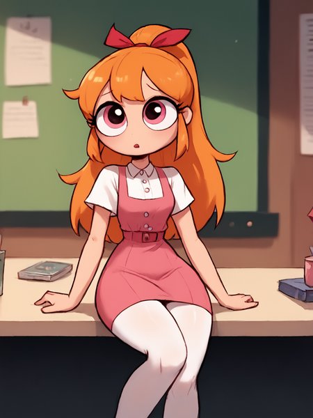 score_9, score_8_up, score_7_up,  score_6_up, BREAK, T66nBl0ss0m, 1girl, solo, long hair, ponytail, hair ribbon, orange hair, pink eyes, pink dress, white pantyhose, <lora:Teen_Blossom2:1>