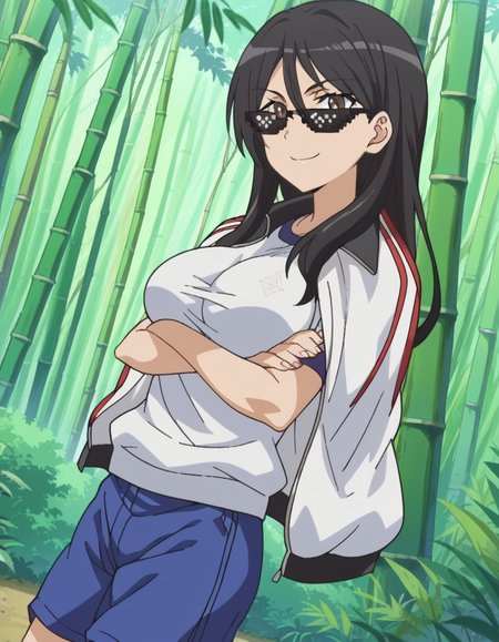 score_9, score_8_up, score_7_up, source_anime, <lora:seiri-fukiyose-indexs2-ponyxl-lora-nochekaiser:1>, seiri fukiyose, long hair, black hair, brown eyes, hair between eyes, anime screencap,, large breasts, shirt, jacket, shorts, gym uniform, blue shorts, track jacket, jacket on shoulders, gym shorts, bamboo forest, bamboo, trees, dense, wildlife, smile, <lora:deal-with-it-ponyxl-lora-nochekaiser:1> deal with it, deal with it (meme), meme, sunglasses, bed room, crossed arms, from side, smile, cowboy shot, looking at viewer,, looking at viewer, solo,, dutch angle, cowboy shot