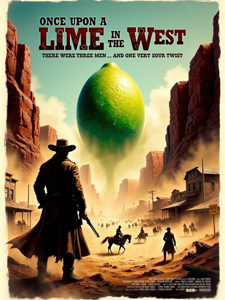 a highly detailed and atmospheric, painted western movie poster with the title text "Once Upon a Lime in the West" in a dark red western-style font and the tagline text "There were three men ... and one very sour twist", with movie credits at the bottom, featuring small white text detailing actor and director names and production company logos, inspired by classic western movie posters from the 1960s, an oversized lime is the central element in the middle ground of a rugged, sun-scorched desert landscape typical of a western, the vast expanse of dry, cracked earth stretches toward the horizon, framed by towering red rock formations, the absurdity of the lime is juxtaposed with the intense gravitas of the stoic, iconic gunfighters, as if the lime were as formidable an adversary as any seasoned gunslinger, in the foreground, the silhouettes of two iconic gunfighters stand poised, facing the lime and away from the viewer, the lime looms in the distance like a final showdown in the classic western tradition, in the foreground, the gunfighters stand with long duster coats flowing in the wind, and wide-brimmed hats tilted to cast shadows over their faces, their stances are tense, as if ready for the inevitable draw, and the weapons they carry glint, the background consists of the distant town, where the sun is casting a golden glow, old wooden buildings line the sides, with horses tied to posts and a weathered saloon sign swinging gently in the wind, in this poster, the lime plays the role of the silent villain, an almost mythical object that the gunfighters are preparing to confront, the tension of the scene is palpable, the gunfighters in the foreground have faces marked by dust and sweat, their eyes narrowed against the bright sunlight, their expressions are serious and resolute, as if they have come a long way for this final duel, the absurdity of the lime is in stark contrast with their stoic demeanor, a wide, panoramic shot captures the entire scene, with the gunfighters in the foreground, the lime in the mid-ground, and the town on the horizon, the framing emphasizes the scale of the desert and the dramatic standoff taking place, while subtly highlighting the oversized lime, the camera is positioned low, angled upward from the dusty ground toward the gunfighters, with the distant lime looming ahead, this angle lends the figures an imposing presence, while still giving the lime an absurd grandeur in the distance, the perspective draws the viewerâs eye across the desert, from the silhouettes of the gunfighters to the bizarre focal point of the lime, amplifying the tension, the lighting is harsh and unforgiving, typical of a desert setting, with the evening sun casting deep shadows across the ground, dust clouds drift subtly across the ground, creating a hazy effect, while the sky above is a vast expanse of pale blue, fading into golden hues near the horizon where the sun begins to set, the poster is shot as if using classic anamorphic lenses to capture the wide, epic scale of the desert, the color palette is warm and saturated, evoking the look of a classic spaghetti western, the lime looms unnaturally in the distance, as if conjured from the land itself, casting an absurdly grand shadow across the rugged landscape, the texture and detail evoke hand-painted, weathered posters from the golden age of westerns, with slightly frayed edges and faint creases mimicking the wear of vintage classics, <lora:image_enhancer-flux-by_dever:0.8> <lora:style-adventure_comic_book-flux-by_andreac75:0.56>