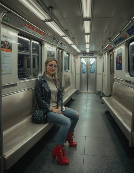 A modern subway train,Subw4y tr41n, in motion, with a single woman standing near the center of the train car, holding onto a shiny metal pole for balance as the train glides along the tracks. The woman is dressed casually yet stylishly, wearing a long black coat over a beige turtleneck sweater, paired with slim-fit jeans and ankle boots. Her hair is neatly tied back into a low bun, with a few loose strands framing her face. She has a thoughtful, calm expression, her gaze directed slightly downward as if lost in her own world. In her other hand, she holds a small tote bag, its strap looped over her wrist, with a paperback book peeking out from the top.
The subway car is clean but shows subtle signs of daily use. The walls are lined with muted gray panels, and the seats along the edges of the car are upholstered in a dark blue fabric, slightly faded from wear. Overhead, fluorescent lighting casts a bright, even glow across the interior, causing faint reflections on the polished floor, which is marked with the occasional scuff from commuters' shoes. Metal grab handles hang from above, gently swaying with the trainâs movement, and shiny steel poles are strategically placed throughout the car.
The windows on both sides reveal a blurry, motion-filled view of the dark subway tunnel, interspersed with flashes of graffiti-covered walls and dim utility lights. Above the windows, digital displays show the next stop in bright LED text, along with a route map that runs the length of the car. Small advertisements are mounted on the walls, showcasing everything from city events to product promotions, some with vibrant colors that add subtle contrast to the neutral tones of the train.
The atmosphere feels still and introspective, with the soft hum of the train and the occasional squeal of the wheels on the track. The train is sparsely occupied, with a few empty seats and subtle details like a forgotten coffee cup on one bench and a folded newspaper lying on the floor. The overall mood is quiet and reflective, capturing a moment of solitude and thoughtfulness during an ordinary subway ride.<lora:SDXLFaeTastic2400:0.4> <lora:extremely_detailed:0.4> extremely detailed, <lora:Subw4y_tr41n:1>, Masterpiece,best quality,hi res,8k,hi res,8k,award winning,(sharp focus, intricate, highly detailed),