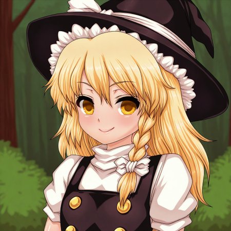 pixelated, pixel_art, n \(dai n honpo\), masterpiece, best quality, BREAK, 1girl, solo, krisame_marisa, smile, facing_viewer, looking_at_viewer, flat_chest, clothed_female, blurry_background, forest, upper_body,