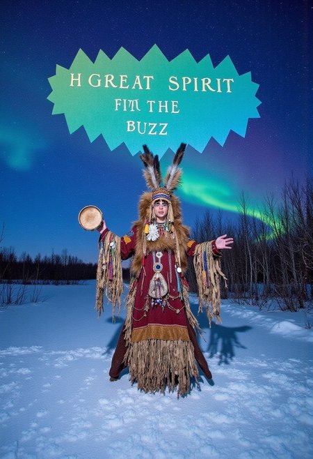 A shaman girl dances in the snow, beats a tambourine.  A very big speech bubble above the reads, "HGreat spirit father, give me buzz".  The night sky with the aurora borealis (An image with very contrasting and vivid psychedelic colors)