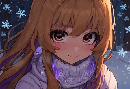 score_9, score_8_up, score_7_up, score_6_up, Aisaka_Taiga, 1girl, perfect face, cute, petite, brown eyes, colored inner hair, glowing hair, long hair, purple glowing scarf, white sweater, winter, snowing, glowing snowflakes, blush, shy smile, shy look, night, no light, snow, fisheye, blizzard, wind, love eyes, forest, path, snowdrift, dark night, close look, glowing eyes