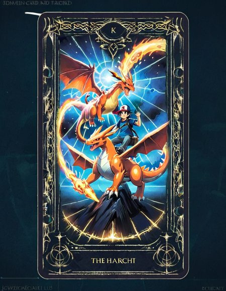 In this Tarot card,Ash Ketchum on his Pokémon journey represents 'The Chariot.' He's seen riding a powerful Charizard, symbolizing determination, control, and the drive to succeed, with various Pokémon flanking him, showcasing his leadership and adventurous spirit<lora:edrtcard:0.7>