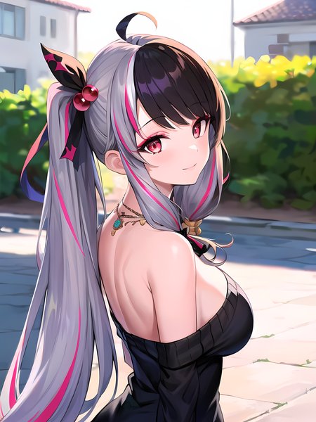 modelshoot style, (masterpiece:1.3), (absurdres:1.3), (best quality:1.3), (8K), (large masterpiece digital art), (detailed manga illustration), (handled hair), pureerosface_v1, perfect anatomy, (sharp eyeliner, eyeshadow, detailed eyes:1.1), (intricate details:1.3), (ultra-detailed:1.3), (illustration:1.3), (sharp focus:1.3), (natural lighting:1.05), (vivid colors:1.3), BREAK  <lora:yorumiRenaNijisanji_v1:0.7>, 1girl, solo, yorumi_rena, multicolored hair, red eyes, (grey hair, black hair, split-color hair),(red hair, streaked hair), twintails, hair ornament, ahoge, hair ribbon, bangs,  hair bobbles, black bow, large breasts, cleavage, very long hair, hair bow, , off shoulder, off shoulder sweater, sweater dress, necklace, bare shoulders, upper body, light smile, closed mouth, from behind, back focus,  BREAK outdoors, street