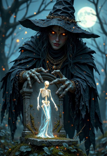 a mystical scene. The central figure is a witch-like character with glowing orange eyes, wearing a large, pointed black hat and a tattered cloak. Her skin is pale, and her long, dark hair cascades around her shoulders. She is positioned behind a small, ancient-looking tombstone, her hands hovering over it as if casting a spell. Emerging from the tombstone is a small, ethereal skeleton with a ghostly blue aura, surrounded by glowing embers. The background is a dark, eerie forest with twisted trees and a full moon casting a pale light, enhancing the supernatural atmosphere.
<lora:FluxMythP0rtr4itStyle:0.6>  <lora:Midjourney_Dreamlike_Fantasy_FLUX_LoRA:0.6> <lora:Elden_Ring_-_Yoshitaka_Amano:0.33> <lora:Hand v2:1> Detailed hand, Hand, Perfect hand