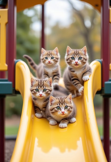 aidmaimageupgrader, aidmaMJ6.1, three calico kittens take turns sliding down a playground slide, Disney style