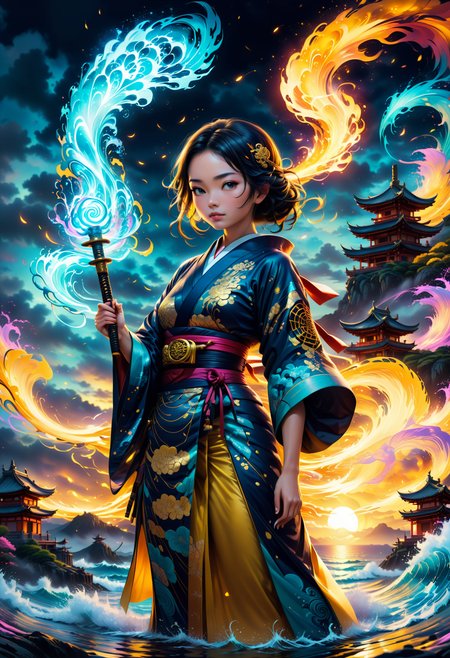 , dramatic lighting, dynamic pose, woman in futuristic kimono holding a yellow glowing katana,samurai,sunset,cinematic cinematic photo with dramatic lighting, (3d, Seascape) House, colorful volumetric mad-marbled-paper fog, Vaporizer, Enhanced 3D Metrics, Depth pad 7, Event Horizion, Hendra Data, woman, mad-hrmtcwzrd, intricatly ornated, magic runes, <lora:add-detail-xl:1>  <lora:SDXLFaeTastic2400:1>