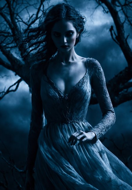 Gothic art, dark tones, intricate details, dramatic lighting, high contrast, medieval influence, mysterious, curvy,  atmospheric, moody, haunting beauty, sharp shadows, textured, ethereal woman floating in the clouds, bare tree,  expressive face, flowing dress, dynamic pose
