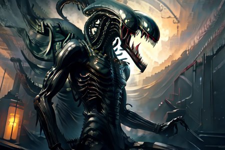 (otherworldly), highly insanely detailed, masterpiece, top quality, best quality, highres, 4k, 8k, RAW photo, (very aesthetic, beautiful and aesthetic),  
xenomorph,alien \(series\),1other,xenomorphdna,FemXeno,xenomilf,nested mouths,multiple mouths,extra mouth,fangs,teeth,sharp teeth,fang,claws,tail,spiked tail,spines,monster,tree,green blood,blood,steam,monitor,leash,skull,stairs,machinery,warship,egg,ovomorph,ventilation shaft,sparkle,capsule,see-through,science fiction,incoming attack,dark,death, 
<lora:FemXeno:1>, 
(1girl:1.3), eyes focus, 
silver grey background,âââ