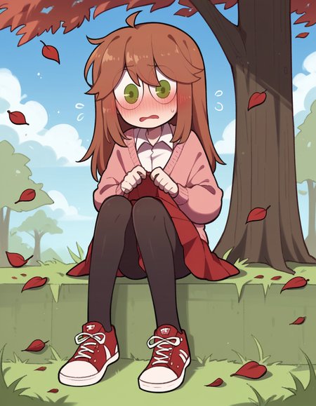 score_9, score_8_up, score_7_up, score_6_up, score_5_up, score_4_up, 1girl, solo, full body, sky, cloud, falling leaves, grass, flower, tree,
<lora:CWew33-20:0.9>  cwew, sketch, flat color, round eyes, brown hair, long hair, green eyes, pink cardigan, collared shirt, white shirt, red skirt, black pantyhose, red footwear, sneakers, ahoge,
blush, nervous, sitting, small breasts, looking at viewer,