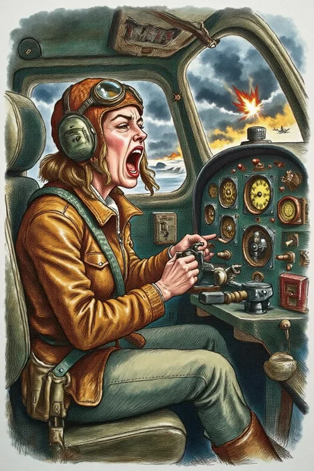 joten1 illustration.
a female pilot screaming inside the cockpit of a WWII bomber. The pilot, wearing a vintage leather flight helmet with goggles and a brown bomber jacket, grips the controls with white-knuckled hands. Her face is contorted in a mix of fear and determination as she yells, her eyes wide with adrenaline. The cockpit is cramped and filled with old-fashioned dials and gauges, with the outside view showing dark stormy clouds and distant anti-aircraft fire. The scene is lit by the eerie glow of the instrument panel, casting harsh shadows across her face, emphasizing the intensity and danger of the moment. High contrast, dynamic composition, gritty and realistic, with a cinematic feel.  <lora:joten1_cap_d6a3e12:1.0><lora:821781360319612156:0>