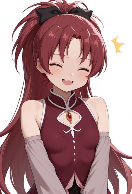 masterpiece, best quality, amazing quality, very awa,absurdres,newest,very aesthetic, looking at viewer,
closed eyes, smile, open mouth, white background, simple background, upper body, facing viewer, ^^, standing, 
 <lora:Sakura Kyoko illu v2:1> 1girl, long hair, bow, ponytail, hair bow, red hair, red eyes, ribbon,, black bow, bare shoulders, magical girl, detached sleeves, very long hair, black thighhighs, red dress, hair ribbon, long sleeves, small breasts,
