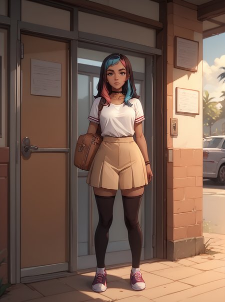 score_9, score_8_up, score_7_up, <lora:hannahpxl:1>, hannahpxlm, 1girl, cartoon, western animation, looking at viewer, flat colors, outline, full body, dark skin, two-tone hair, standing in high school.
