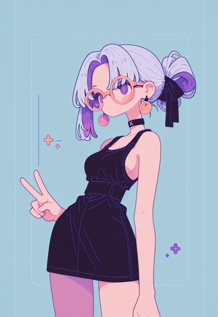 masterpiece, best quality, amazing quality, very aesthetic, absurdres,
1girl, solo, ((from above)),
silver hair, inner color hair, blush, parted bangs,folded ponytail, hair ribbon,
simple pastel turquoise blue  background,
shy, blushed, multicolored hair,  purple eyes,
large round rimless glasses ,
tank top, tight mini skirt, medium chest, side boob,
black choker, ultra detailed eyes,
looking side, upper body shot,
v,
earrings,  jewelry, hair ribbon,
emotionless ,
from side,
(contrapposto:1.2), thick legs, chubby thick legs, thighs tension, realistic clothes texture,
narrow waist, wide hips, detailed eyes,
fl4t, Flatline, Flat vector illustration, Black outline, Vivid colors