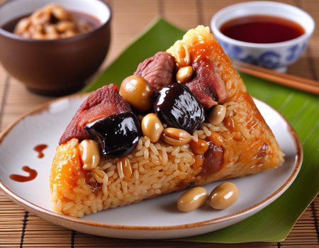 A delicious Chinese-style zonzanaked placed on a plate, drizzled with sauce. The zonzanaked is carefully wrapped, possibly with bamboo leaves, and the texture of the sticky rice and fillings is visible . The setting could be a dining table or a restaurant environment, with appropriate tableware and decorations. The scene should be as realistic as a high-resolution photograph, with warm and inviting lighting that highlights the details of the zonzanaked   ,<lora:mazon:0.6> , rice,Meat,chestnut,Peanuts