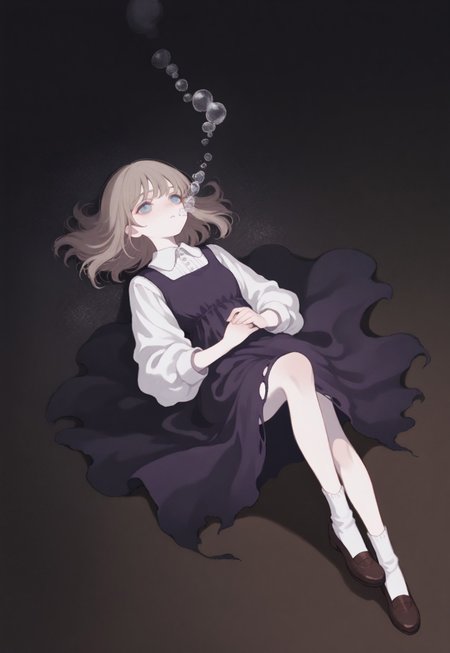 solo, ethereal, detailed, contemplative, from above, 

void, 

falling, on back, bubbles, 


1girl, very pale, brown medium hair, blue eyes, dark purple dress, collared_dress, white_collar, torn dress, brown shoes, white socks, mary_jane shoes, 

(748cmstyle:1.3), 

masterpiece,best quality,amazing quality, detailed, 
