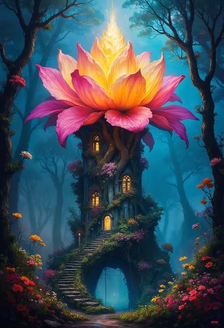 Hidden tower, a flower with it's stem made into a hotel in an enchanted forest grounds, fantasy, Vibrant Glow