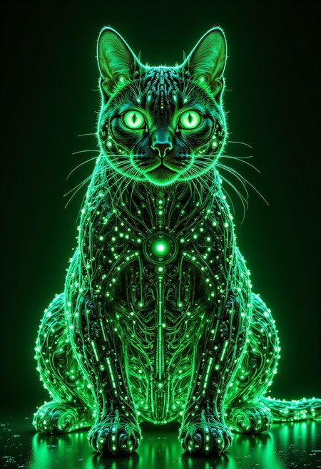 pinkmechalux, high quality, 8K Ultra HD, Imagine a vibrant canvas illuminated by a cascade of green binary code, forming a silhouette of a sitting cat, dynamic lines and patterns similar to the matrix. <lora:PinkieMechaLuxFLUX:1>