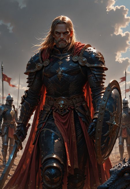 Masterpiece, best quality, newest, absurdres, highres, clear eyes, detailed eyes, 1boy, portrait, masculine, 40 years old, wrinkled face, determined, gaunt, knight, armor, facial scars, beard, receding hair, black armor, blue eyes, dragon hide cape, fur collar, pauldrons, plate armor, gauntlets, shield, holding longsword, standing in battlefield, MythAn1m3, realistic