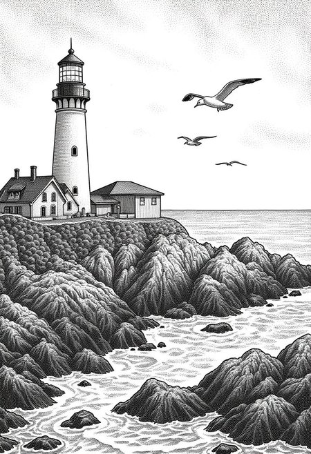 Lonely lighthouse on a rocky shore, stippled illustration in the style of STPPLD, with waves crashing against jagged rocks and seagulls circling under a cloudy sky, creating a moody and textured seascape