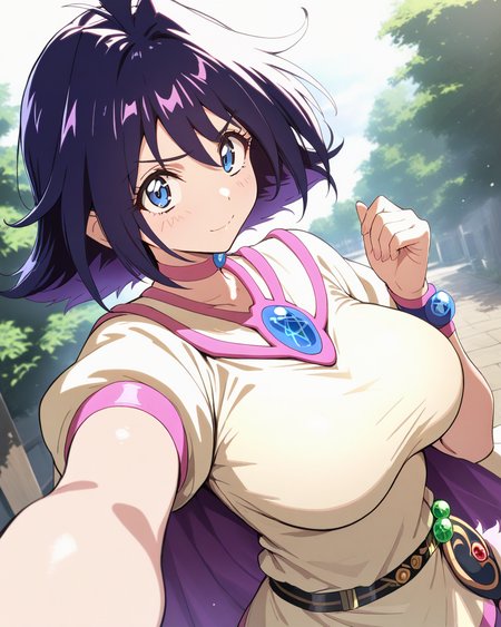 1girl,
AmeliaSlayers,
safe, solo, perspective, dutch angle, upper body,
looking at viewer,
pink choker, pentacle, 
pointing,
multicolored cape, brooch, pentagram,
taut clothes,
short sleeves, bracelet,
large breasts,
belt, 
boots,
outdoors,
depth of field,
<lora:kp_AmeliaSlayersAnimagineXL_v1_0:1.0>
masterpiece, high score, great score, absurdres