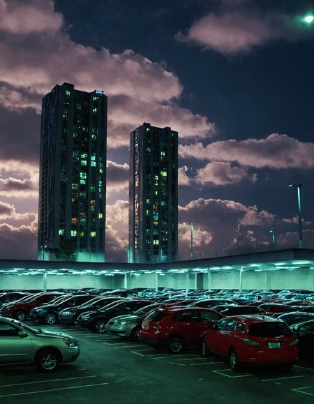 <lora:RokuSignHD:1>,rokusignhd,scenery,building,city,outdoors,cityscape,skyscraper,city lights,, a parking lot with a lot of lights and a sky background with clouds in the sky and a few cars parked in the lot [1]