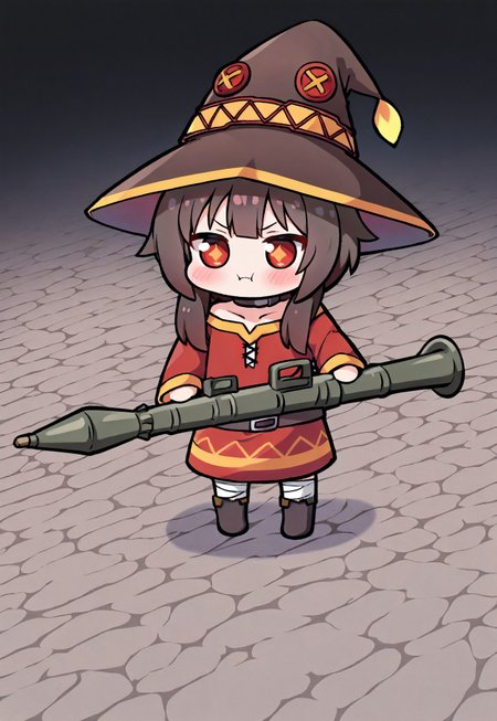masterpiece, best quality, amazing quality, very aesthetic, absurdres, newest, (best quality,4k,8k,highres,masterpiece:1.2), 1girl, megumin, chibi, holding a  rocket launcher, Go do a crime,, rpg_\(weapon\)