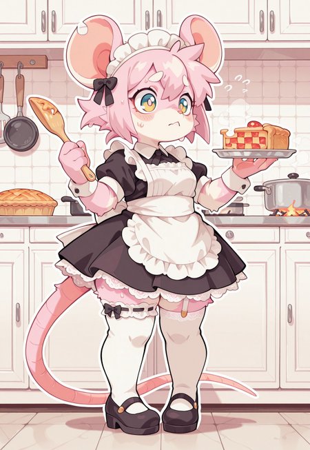S4bit4mago_illu, anime style, s0wasow4rt_illu, halftone,  _Style, Cartoon_Type, score_9, score_8_up, score_7_up, masterpiece, best quality, amazing quality, very aesthetic, rat girl, _Style, rat, furry:1.2, Cartoon_Type, curvy, fluffy1.3, shortstack rat girl, lace styled dress, maid outfit, kitchen, dress, thick white outline, slightly chubby, white lace, thigh garter, face focus, fabric, intricate lace, maid headdress, intricate details:1.2, long skirt, pink fur, stockings, cooking, standing upright, pigeon_toed, rat tail, pie, nervous, sweating, worried, stunned, cooking, countershade fur, stylish, pose, high quality, cute background,