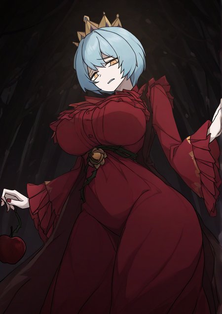 <lora:Akakun:1>,1girl, angela \(project moon\), snow white's apple, huge breasts, wide hips, library of ruina, project moon, apple, blue hair, crown, disgust, dress, e.g.o (project moon), food, forest, frilled dress, frills, fruit, long sleeves, looking at viewer, medium hair, nature, neckerchief, parted lips, plant, red dress, red nails, red neckerchief, solo, vines, yellow eyes, 
animated, dynamic angle,very awa, masterpiece, best quality, highres, absurdes,amazing quality,very aesthetic,intricate details,
