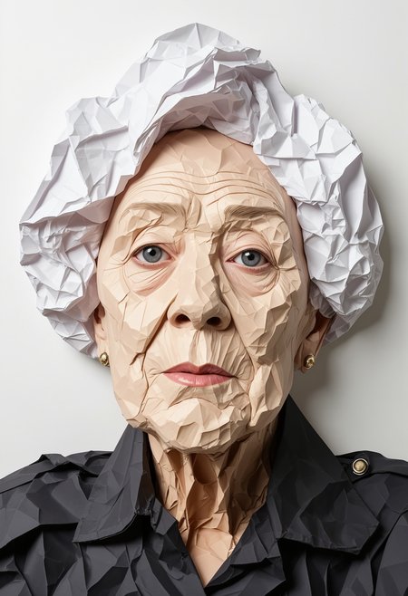 crumpled paper art. in the form of an older woman. (her face is made from cumpled paper. bold composition