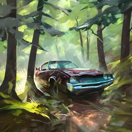 drawix13 expressive acrylic painting,  car in forest, sharpen <lora:drawix13:1>